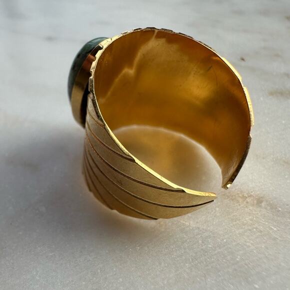 18K Gold Plated Stainless Steel Turquoise Geometric Vintage Band Ring - Picture 5 of 9